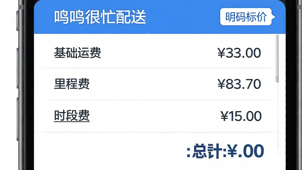 展示「鸣鸣很忙配送」费用明细界面,主体为手机屏幕上的订单费用列表,包含基础运费、里程费、时段费共三项,每项后面有具体金额,底部有“总计:¥15.00”大字号,界面右上角有“明码标价”标签,风格简洁,蓝白配色,扁平化,画质干净,无多余元素