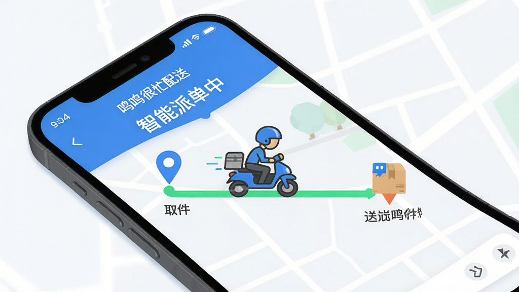 展示「鸣鸣很忙配送」智能派单功能界面,主体为手机屏幕上的订单匹配动画,一名戴头盔的骑手图标沿着绿色路线快速移动,地图上标出取件点和送件点,界面有“智能派单中”字样,布局清爽,蓝色主调,扁平化风格,细节丰富,画质干净,无多余元素