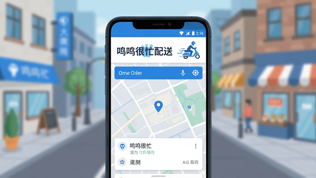 主视觉展示「鸣鸣很忙配送」软件全貌,主体为一部亮屏的安卓手机,屏幕内显示简洁的配送订单地图界面,蓝白配色,顶部有“鸣鸣很忙配送”字样,旁边有奔跑的骑手图标,背景是模糊的城市街道和店铺,风格现代扁平,细节清晰,画质干净,无多余元素