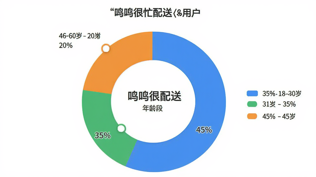 展示「鸣鸣很忙配送」用户满意度饼状图,主体为一个圆环图,按年龄段划分比例,18-30岁占45%,31-45岁占35%,46-60岁占20%,颜色分别为蓝、绿、橙,图例清晰,风格简洁现代,背景为白色,画质干净,无多余元素